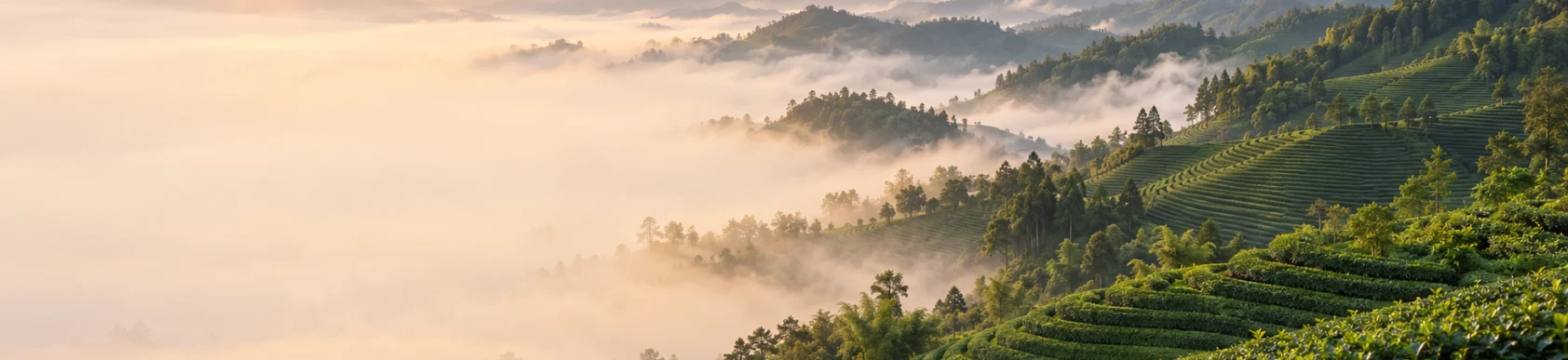 Tea gardens and distant mountains