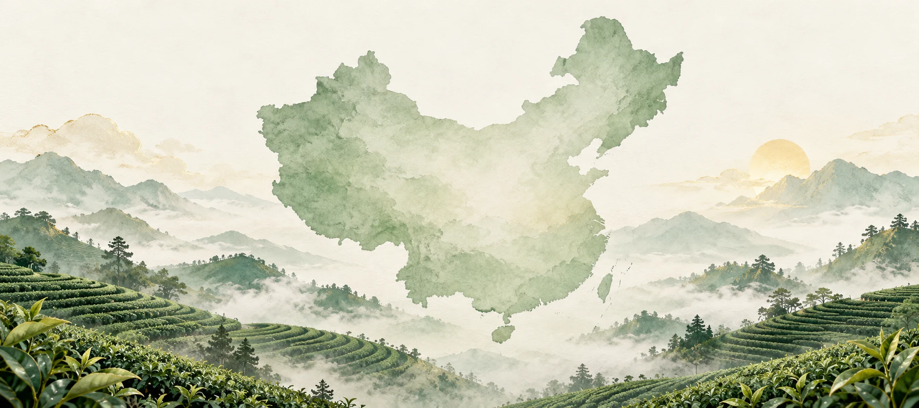 Map of Chinese tea regions with tea gardens